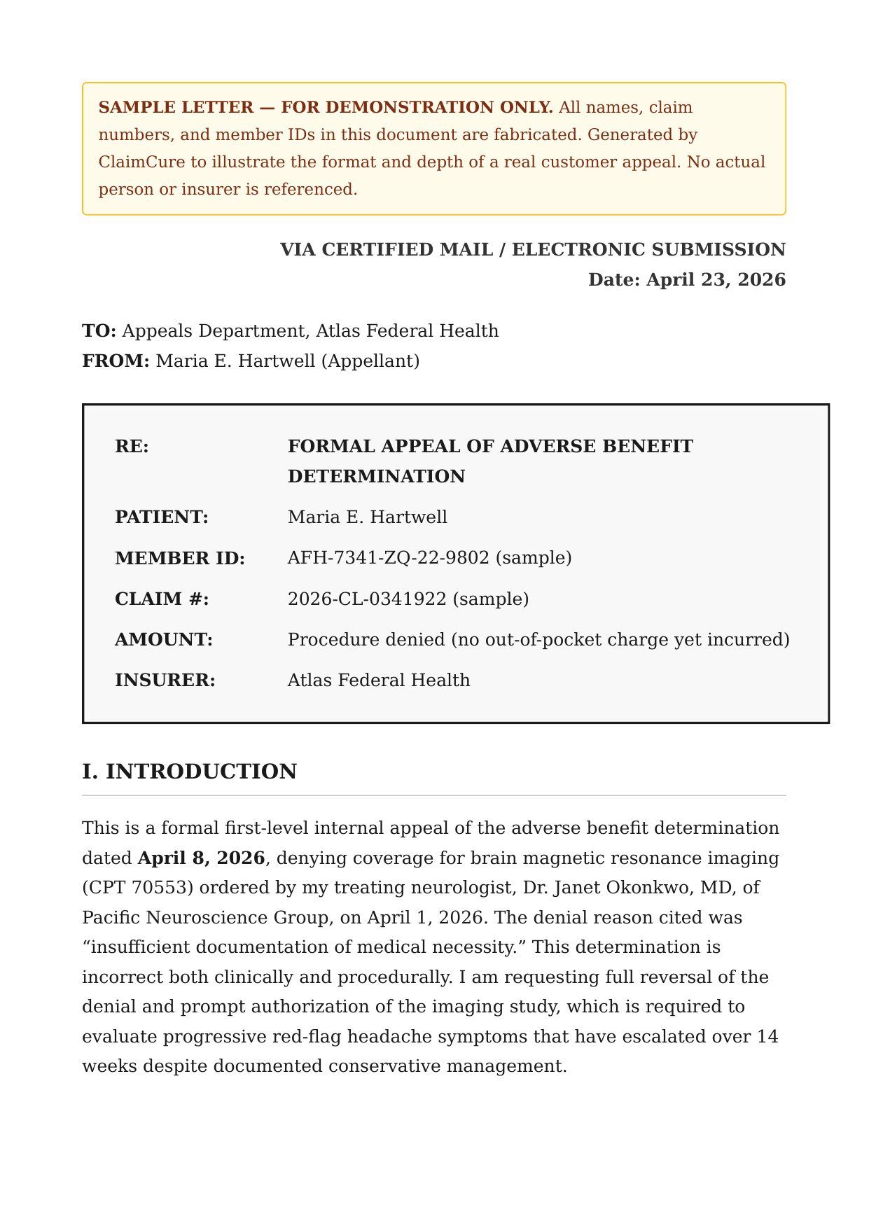 First page of the sample appeal letter showing the formal RE table, introduction, and statement of facts.
