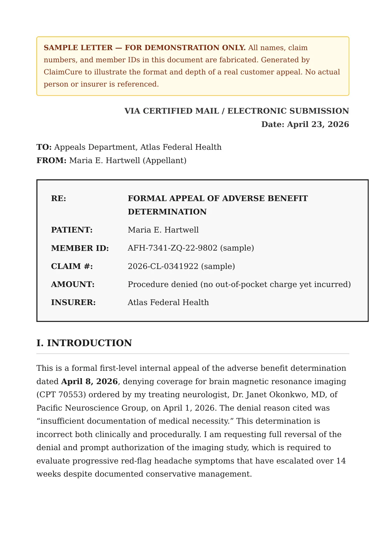 First page of the sample appeal letter showing the formal RE table, introduction, and statement of facts.